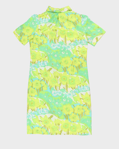Vintage 70s Handmade Green Floral Collared Mini Dress - L