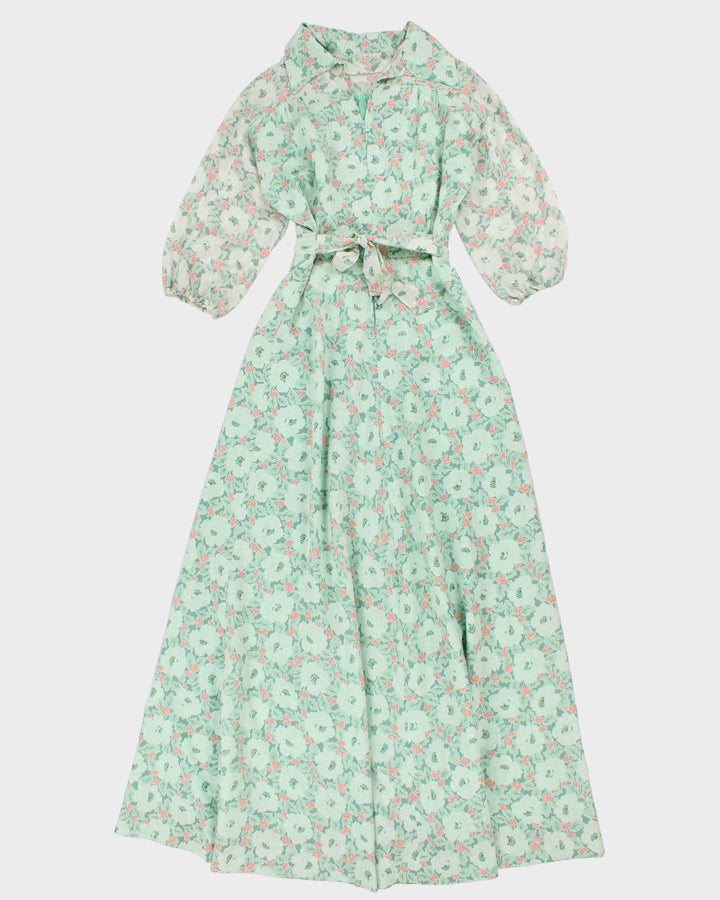 Vintage 70s Handmade Green Floral Maxi Dress - S