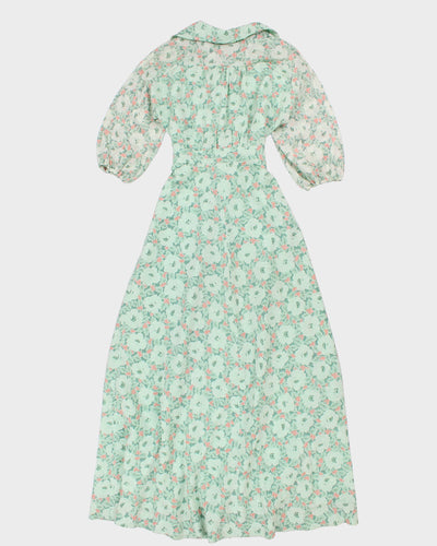 Vintage 70s Handmade Green Floral Maxi Dress - S