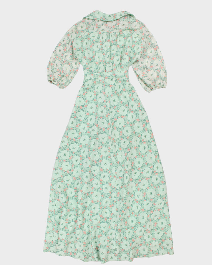 Vintage 70s Handmade Green Floral Maxi Dress - S
