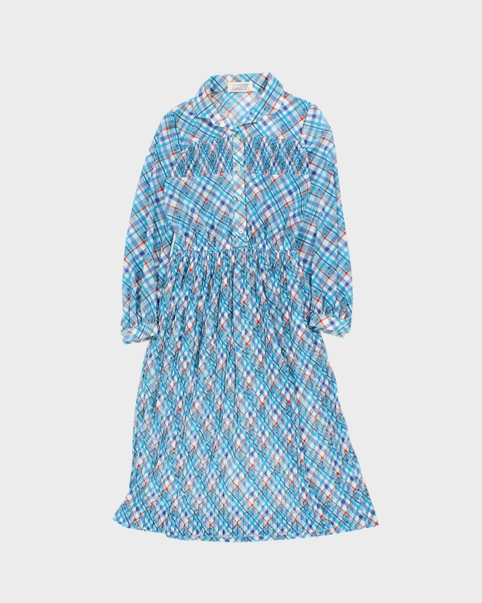 Vintage 70s Gay Gibson Blue Plaid Button Down Dress - S
