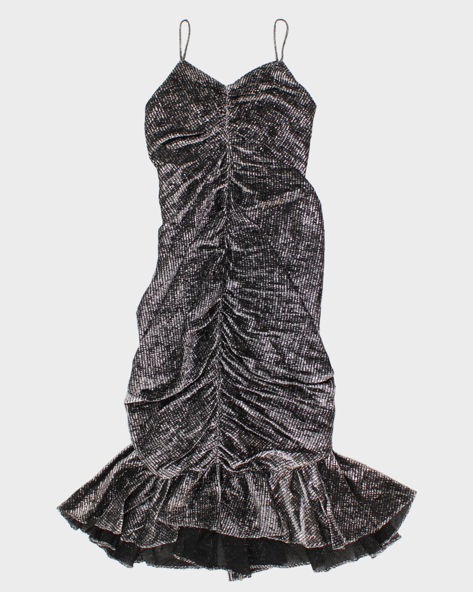 80's Vintage Silver Metallic Ruffle Maxi Dress - S