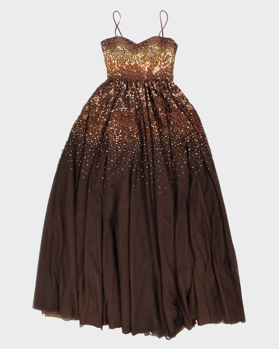 Beaded Brown and Gold Stunning Evening Occasion Dress - S XS