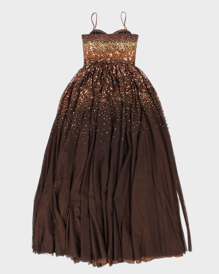 Beaded Brown and Gold Stunning Evening Occasion Dress - S XS