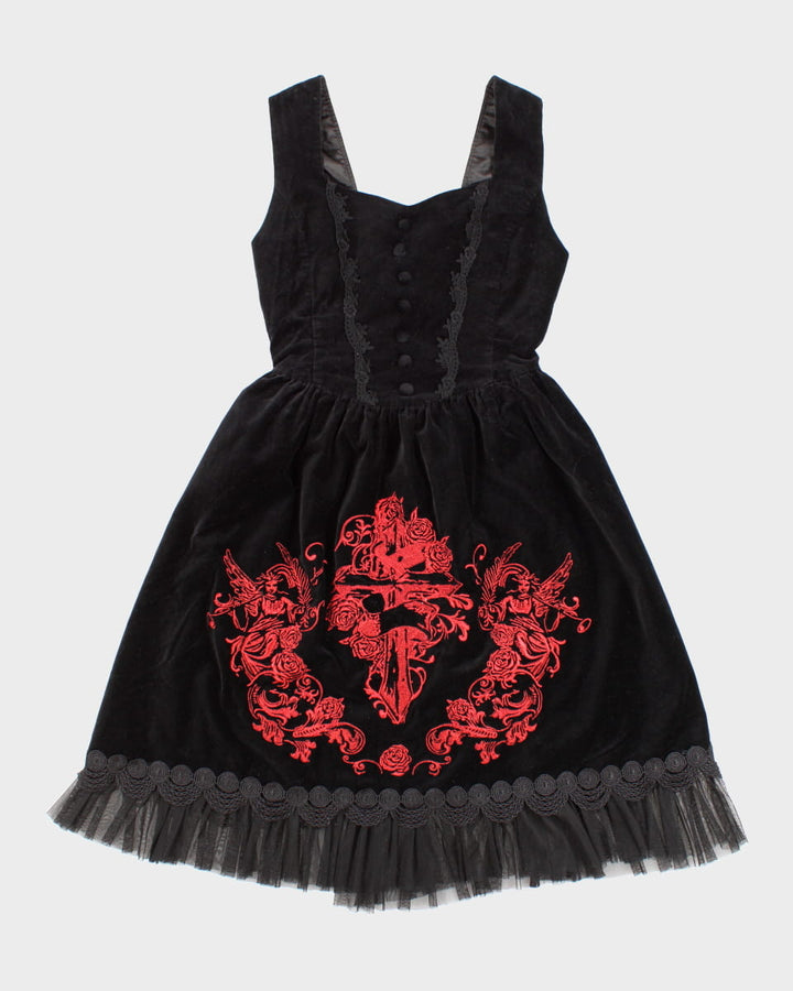 Velvet Embroidered Back Laced Vampire-core Skater Dress - S