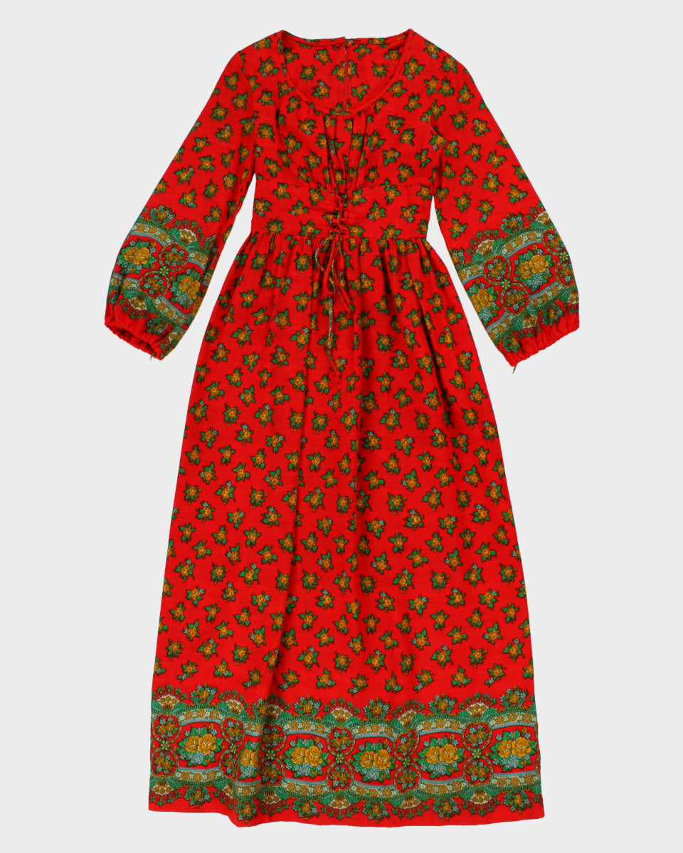Womens 1970s Red Floral Bohemian Maxi Dress - XS