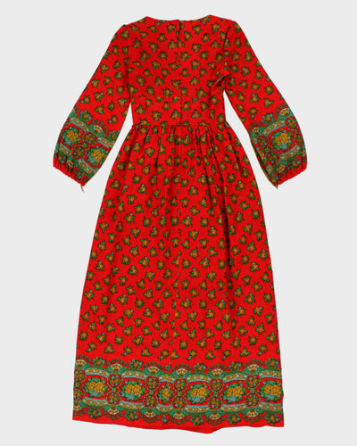 Womens 1970s Red Floral Bohemian Maxi Dress - XS