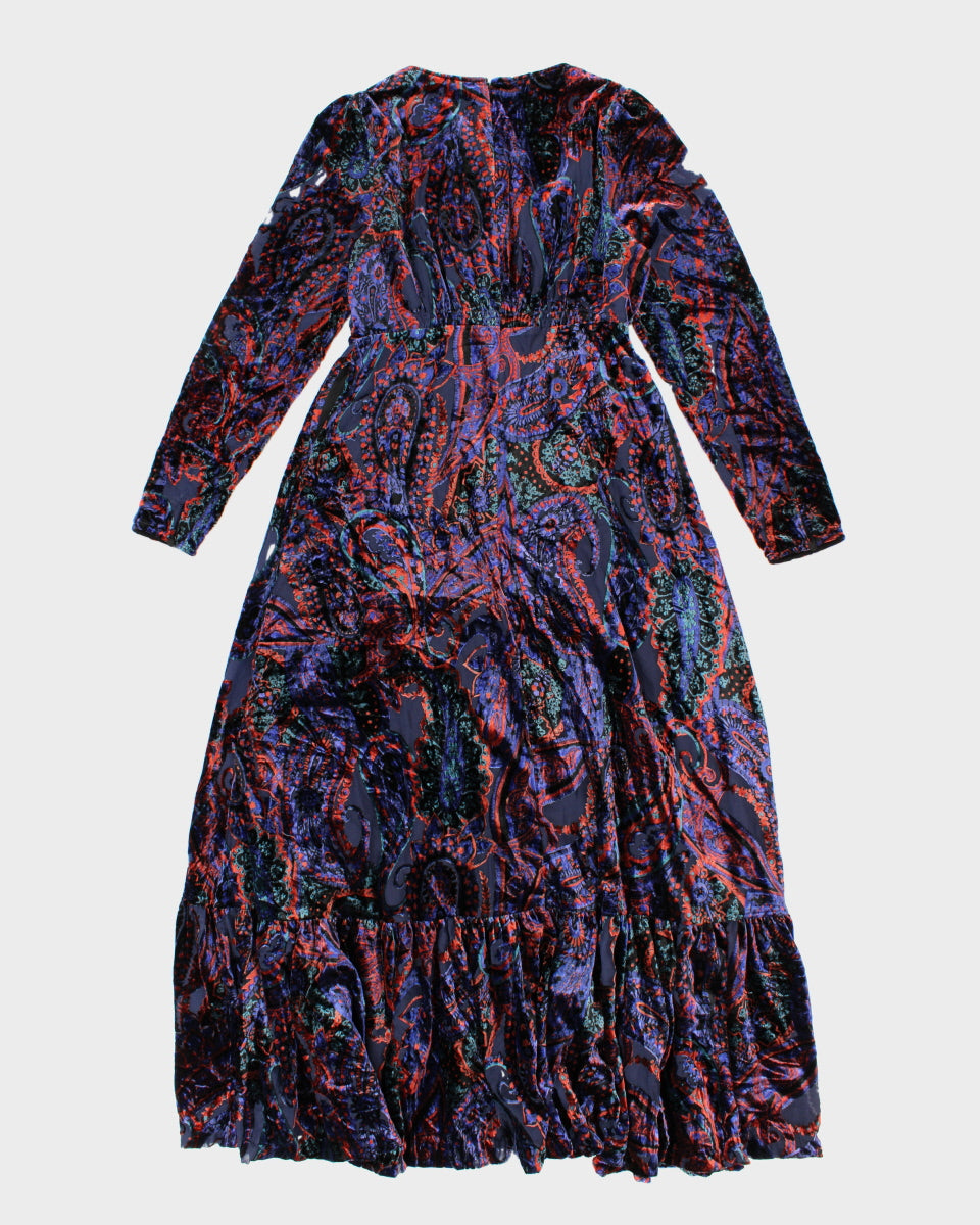 Womens Anthropologie Blue Paisley Pattern Velvet Maxi Dress - M