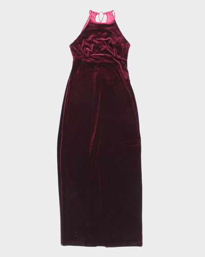 Womens 1990s Deep Burgundy Velvet Halter Evening Maxi Dress - S