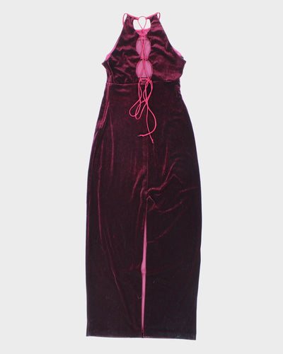 Womens 1990s Deep Burgundy Velvet Halter Evening Maxi Dress - S