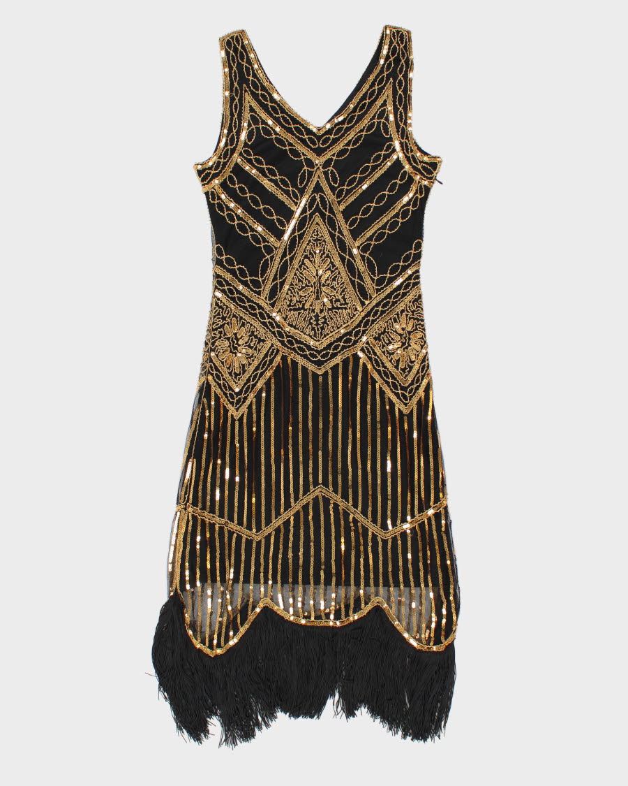 Gold Sequined Black Flapper Dress - M