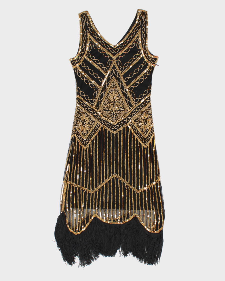 Gold Sequined Black Flapper Dress - M Rokit Gold Sequined Black Flapper Dress - M Rokit