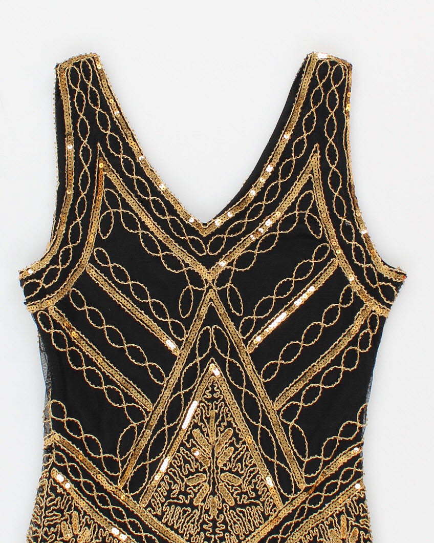 Gold Sequined Black Flapper Dress - M