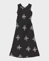 Vintage 90s Silver Embroidered Black Maxi Dress - M