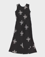 Vintage 90s Silver Embroidered Black Maxi Dress - M