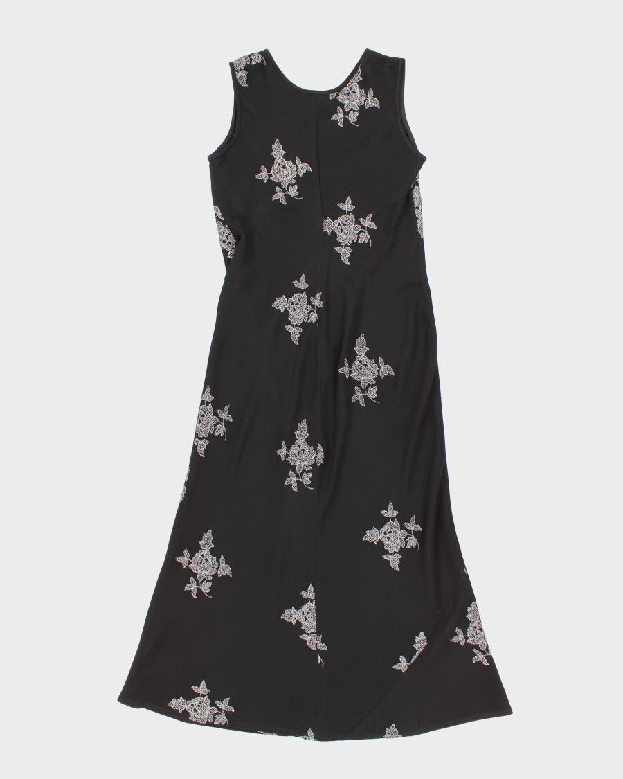 Vintage 90s Silver Embroidered Black Maxi Dress - M