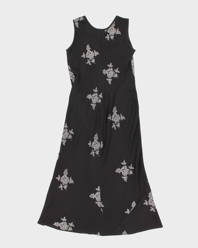 Vintage 90s Silver Embroidered Black Maxi Dress - M