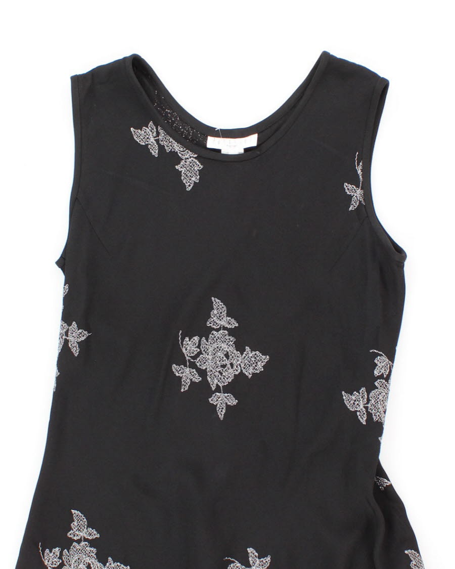 Vintage 90s Silver Embroidered Black Maxi Dress - M