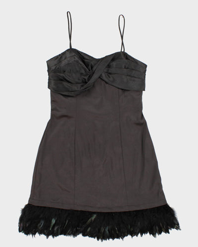 Vintage 90s Black Satin Feathered Mini Dress - S