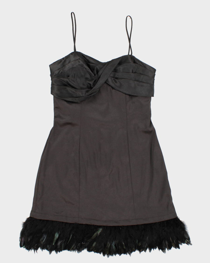 Vintage 90s Black Satin Feathered Mini Dress - S