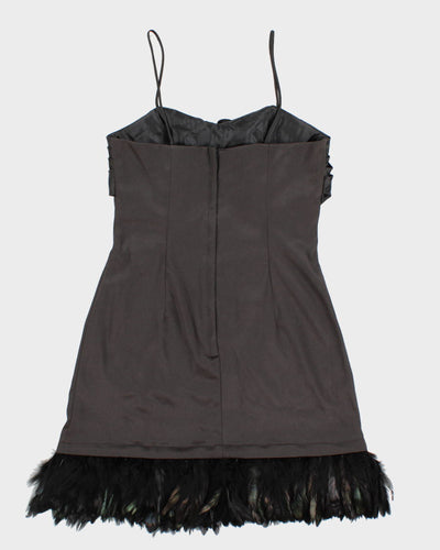 Vintage 90s Black Satin Feathered Mini Dress - S