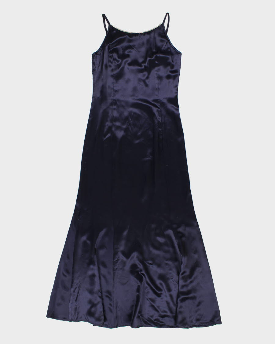 Vintage 90s Jessica McClintock Darling Navy Satin Diamante Neckline Gown - M