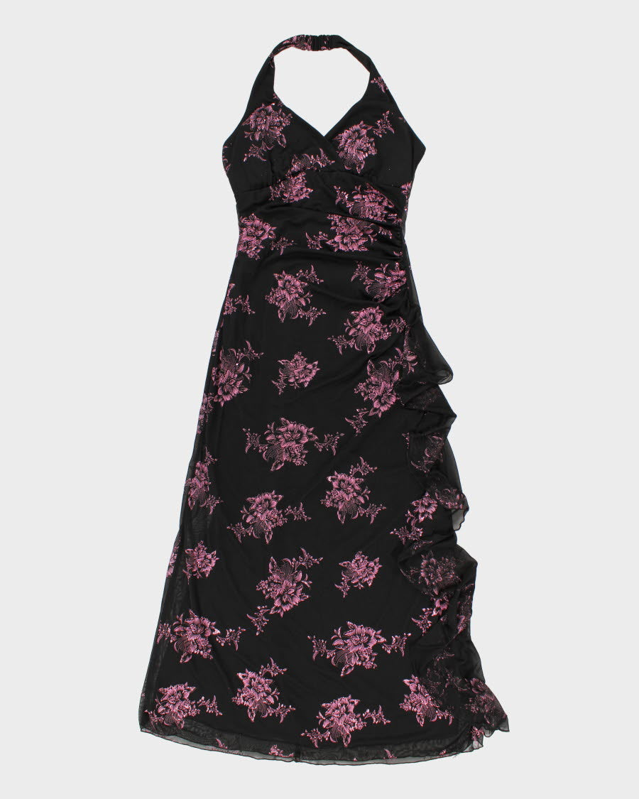 Y2K 00s Floral Glittered Halter Neck Mesh Maxi Dress - M