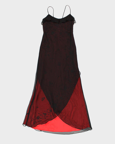 Womens 1990s Black Beaded Sheer Red Strappy Evening Dress - S