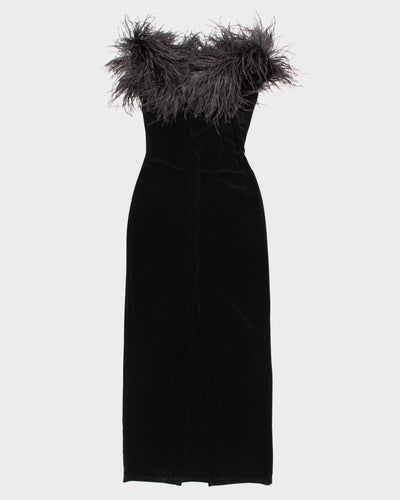 Womens Vintage 1990s Jessica McClintock for Gunne Sax Black Velvet and Ostrich Feather Maxi Dress - S