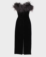 Womens Vintage 1990s Jessica McClintock for Gunne Sax Black Velvet and Ostrich Feather Maxi Dress - S