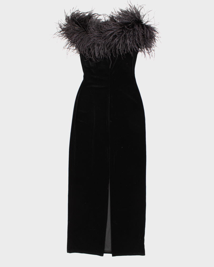 Womens Vintage 1990s Jessica McClintock for Gunne Sax Black Velvet and Ostrich Feather Maxi Dress - S