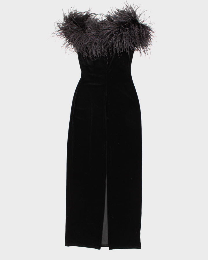 Womens Vintage 1990s Jessica McClintock for Gunne Sax Black Velvet and Ostrich Feather Maxi Dress - S