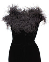 Womens Vintage 1990s Jessica McClintock for Gunne Sax Black Velvet and Ostrich Feather Maxi Dress - S