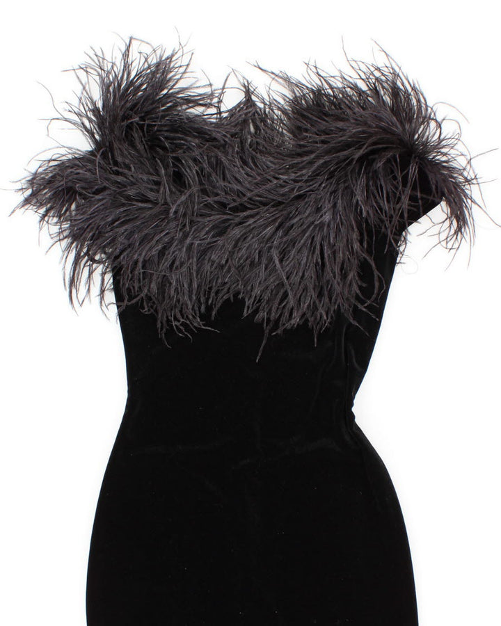 Womens Vintage 1990s Jessica McClintock for Gunne Sax Black Velvet and Ostrich Feather Maxi Dress - S