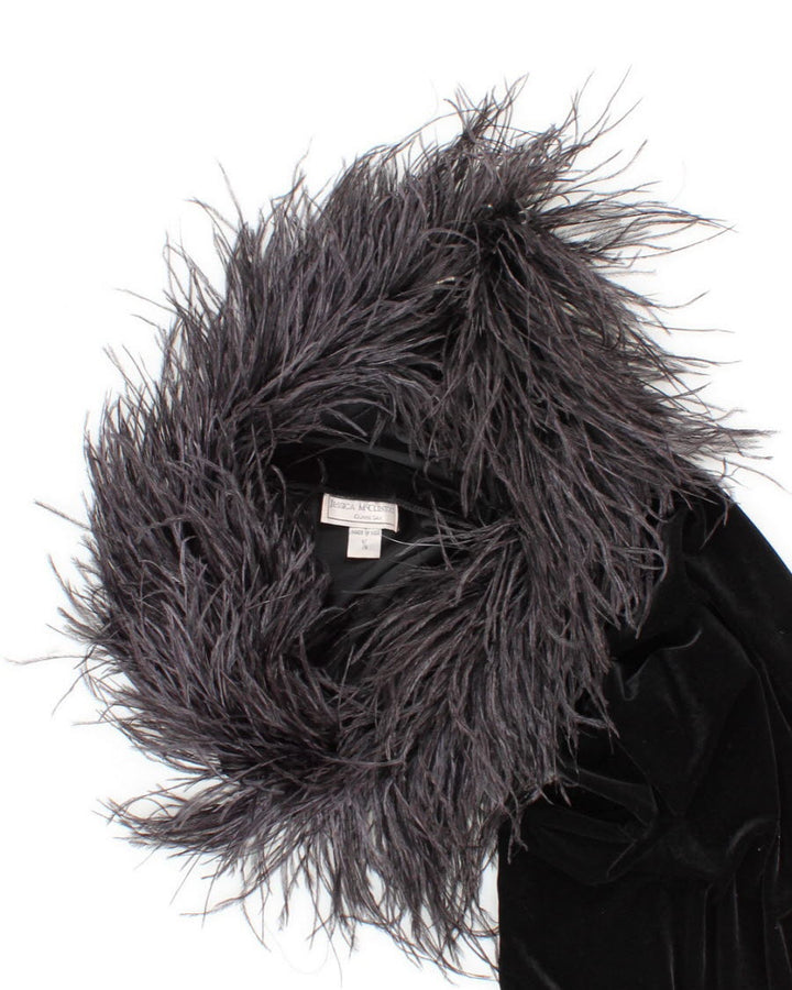 Womens Vintage 1990s Jessica McClintock for Gunne Sax Black Velvet and Ostrich Feather Maxi Dress - S