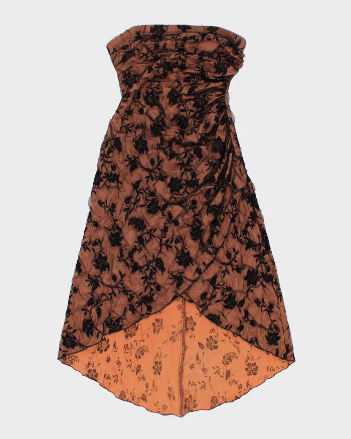 Vintage Woman's Brown Floral Print Velvet Dress - 8