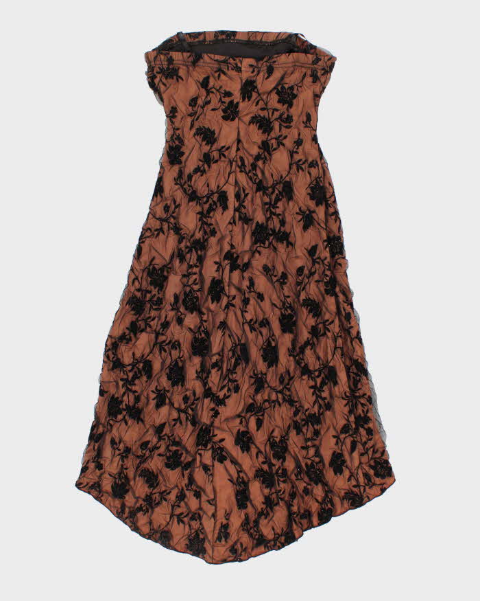 Vintage Woman's Brown Floral Print Velvet Dress - 8