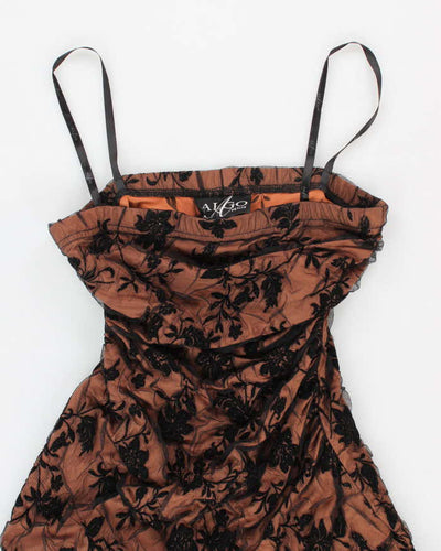 Vintage Woman's Brown Floral Print Velvet Dress - 8