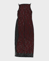 Vintage Woman's Red embroidered Mesh Evening Dress - L