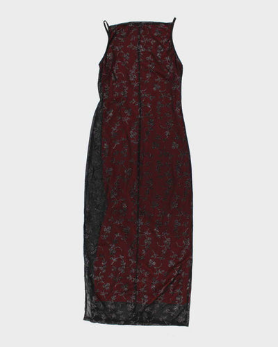 Vintage Woman's Red embroidered Mesh Evening Dress - L