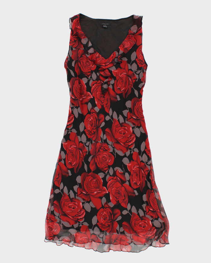 Vintage Woman's Red Floral Print Evening Dress - M