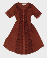Vintage 80s/90s Brown Embroidered Button-Up Dress - S