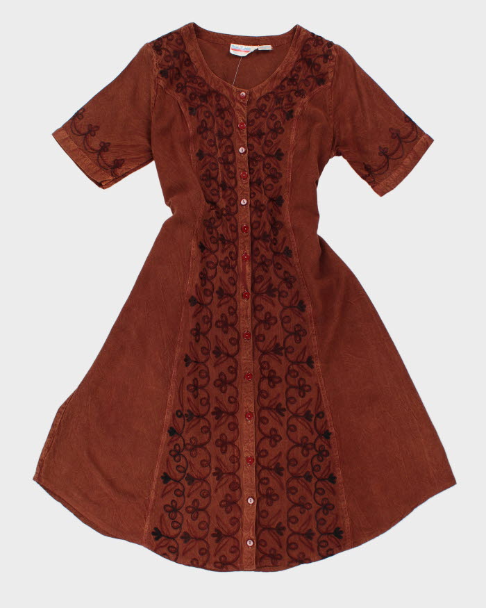 Vintage 80s/90s Brown Embroidered Button-Up Dress - S