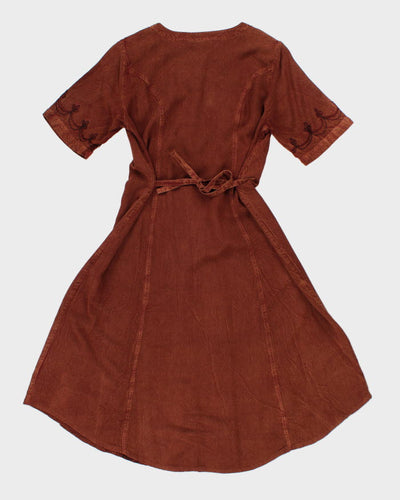 Vintage 80s/90s Brown Embroidered Button-Up Dress - S