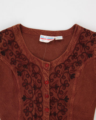 Vintage 80s/90s Brown Embroidered Button-Up Dress - S