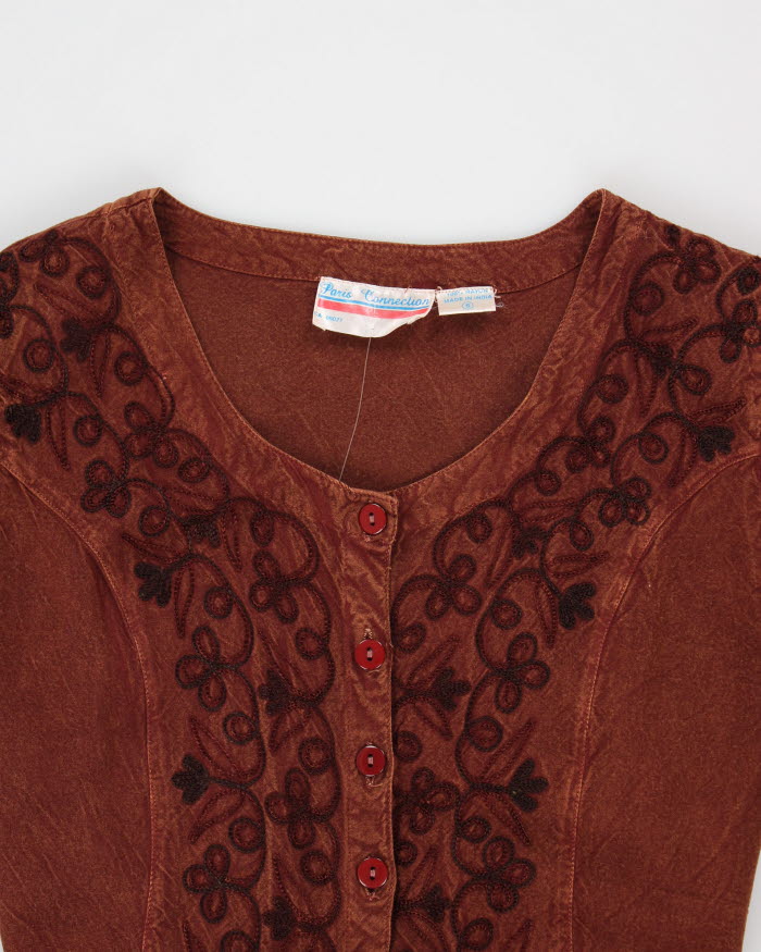 Vintage 80s/90s Brown Embroidered Button-Up Dress - S