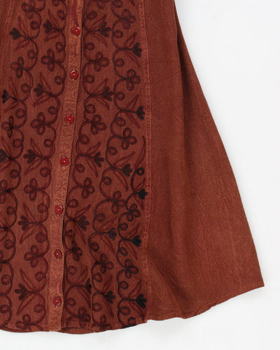 Vintage 80s/90s Brown Embroidered Button-Up Dress - S