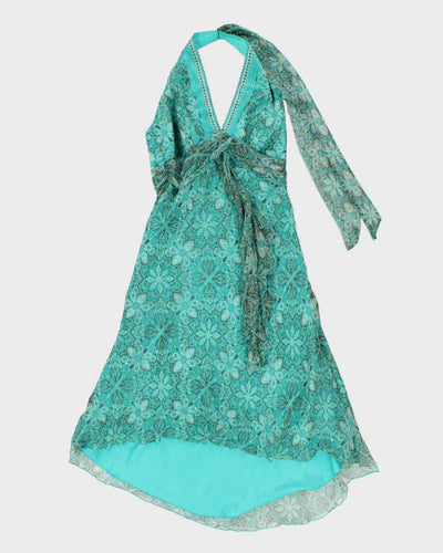 Y2k 00s Blue Pattern Halter Neck Dress - S