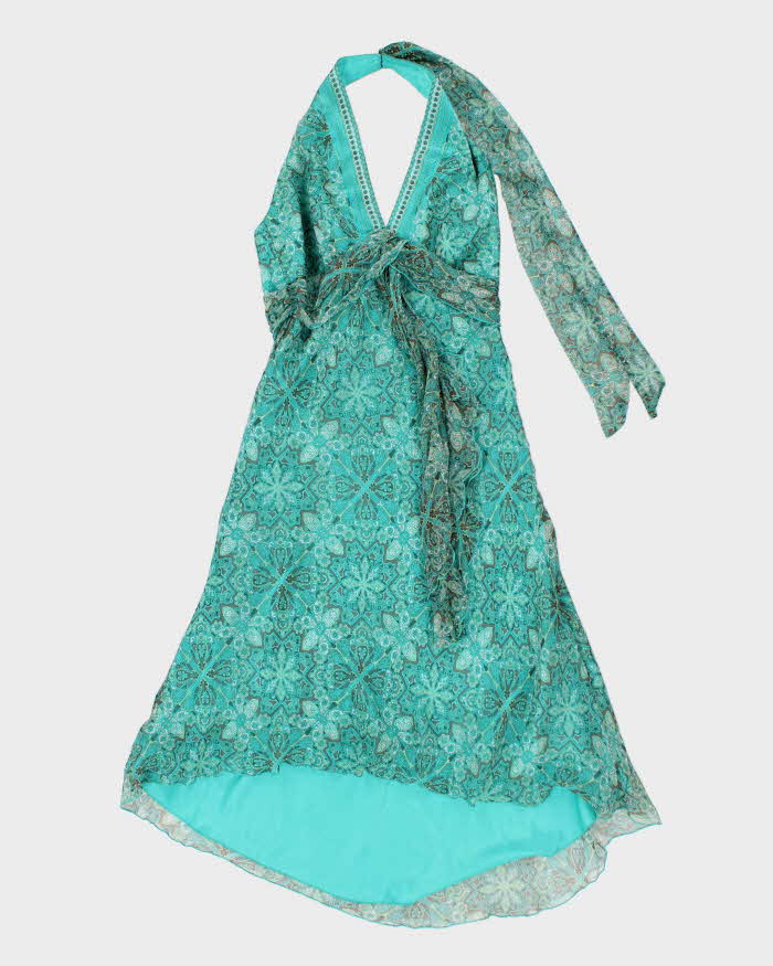 Y2k 00s Blue Pattern Halter Neck Dress - S