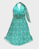 Y2k 00s Blue Pattern Halter Neck Dress - S